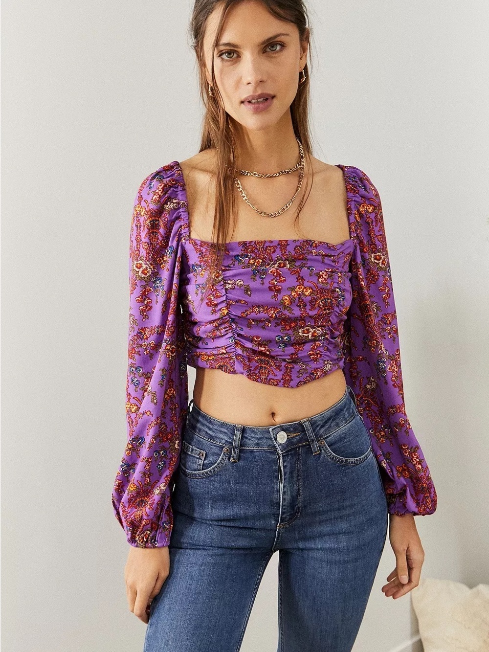 Urban Outfitters Purple Floral Square-Neck Ruched Chic Crop Top Women’s Medium